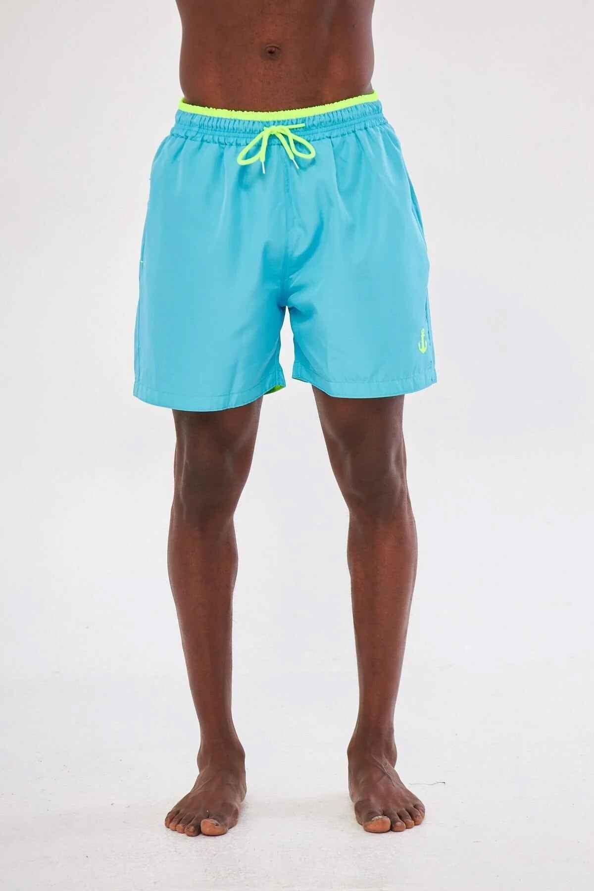 Men's blue swimming shorts with yellow drawstring and anchor logo