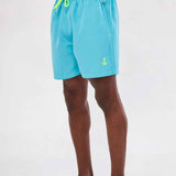 Men's blue swimming shorts with yellow drawstring and anchor logo on side