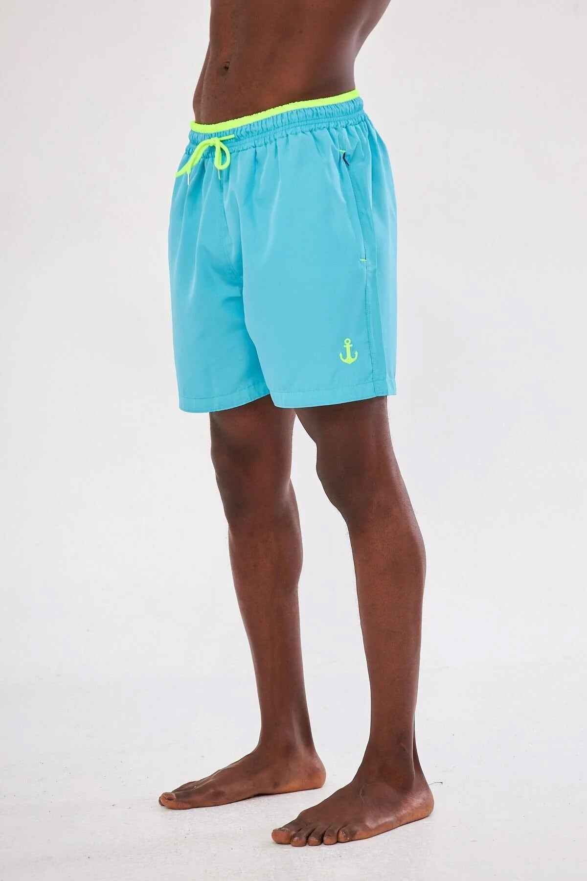 Men's blue swimming shorts with yellow drawstring and anchor logo on side