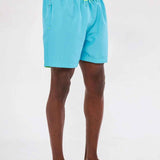 Men's blue swimming shorts with yellow drawstring and elastic waistband, side view