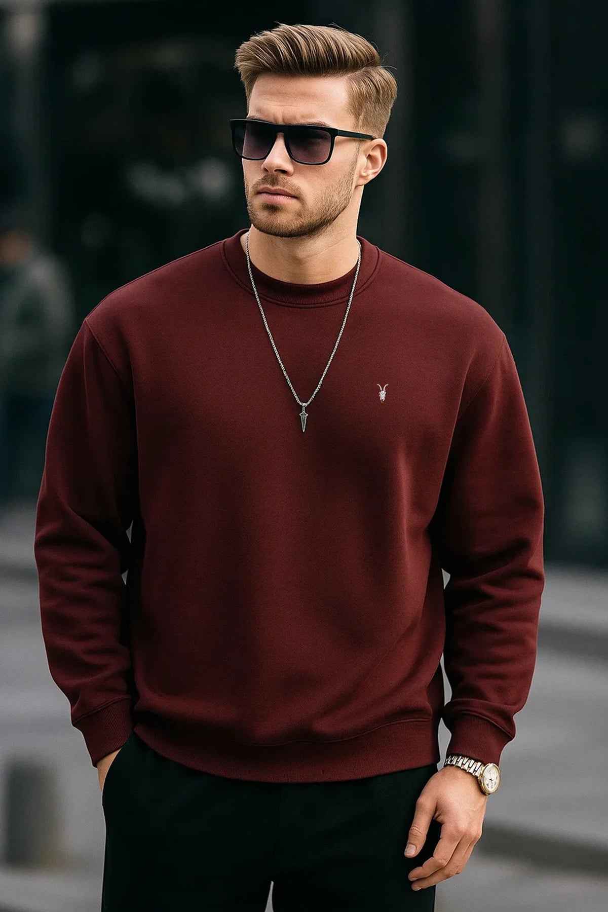 Men's maroon basic sweatshirt with small chest logo, crew neck and long sleeves