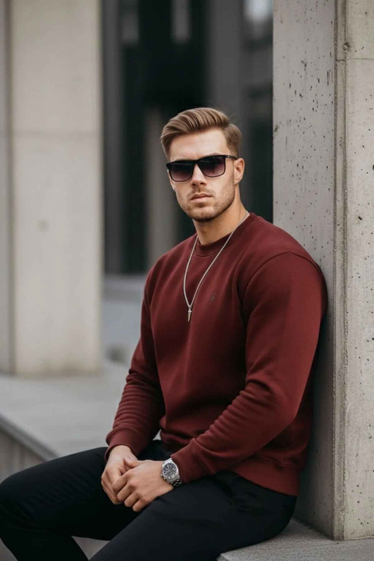 Men's maroon sweatshirt with small chest logo, crew neck, long sleeves, side pose