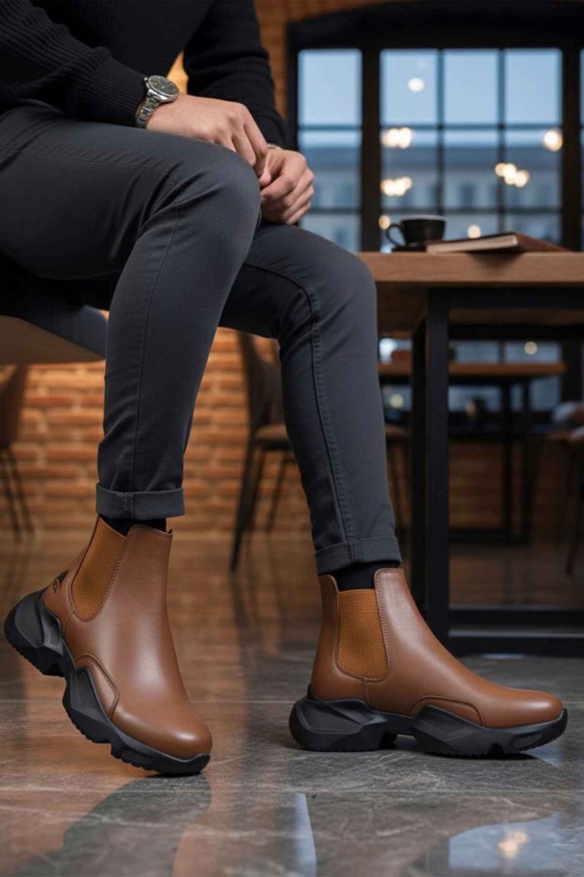 Men's brown ankle boots with dark rubber sole, pull-on style