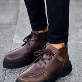 Men's brown lace-up casual ankle boots, rounded toe and dark rubber outsole