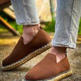 Brown espadrille slip-on shoes with woven jute midsole and fabric upper