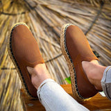Brown espadrille slip-on shoes with jute sole and fabric upper