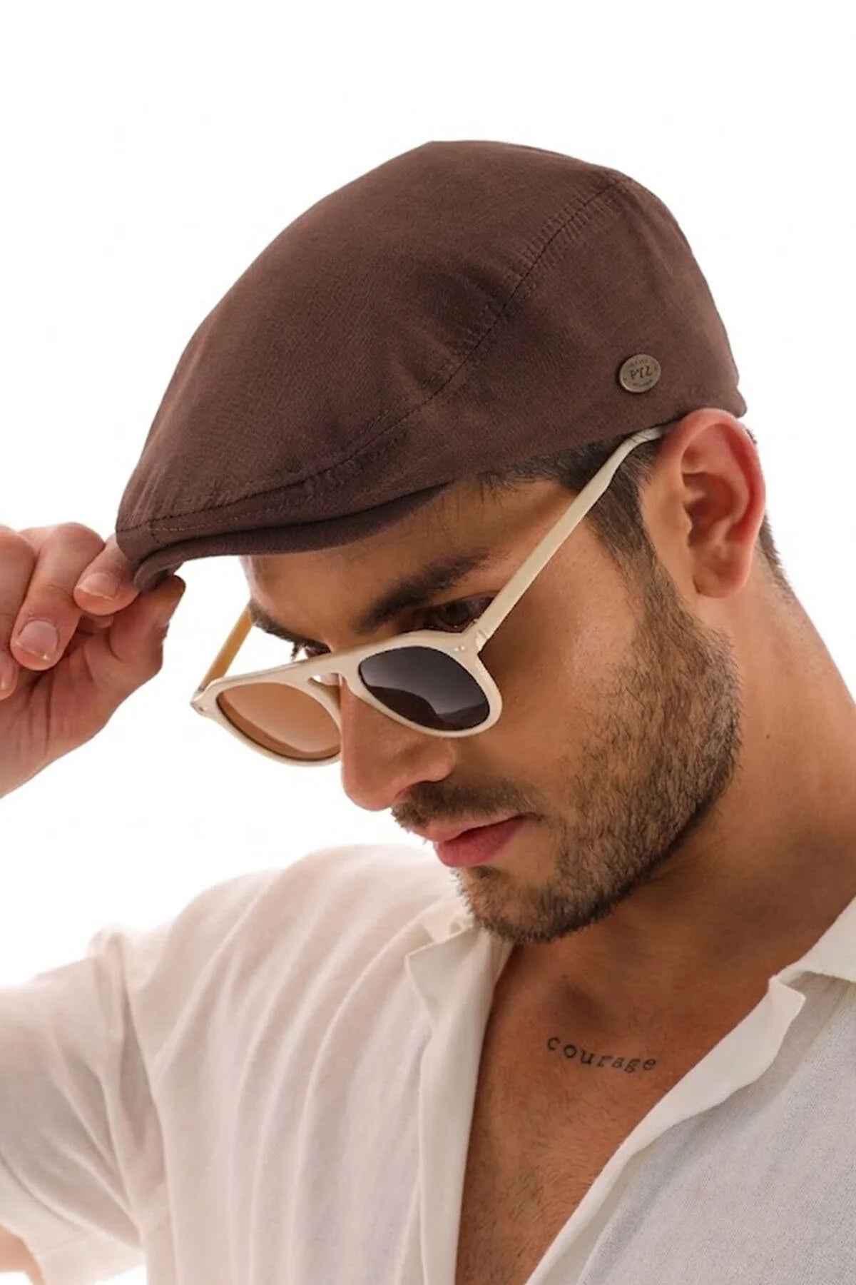 Ritag brown flat cap with curved brim and small top button