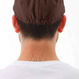 Brown flat cap back view with gathered seam at crown
