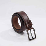 Genuine leather belt with brown buckle, rolled view, KMR