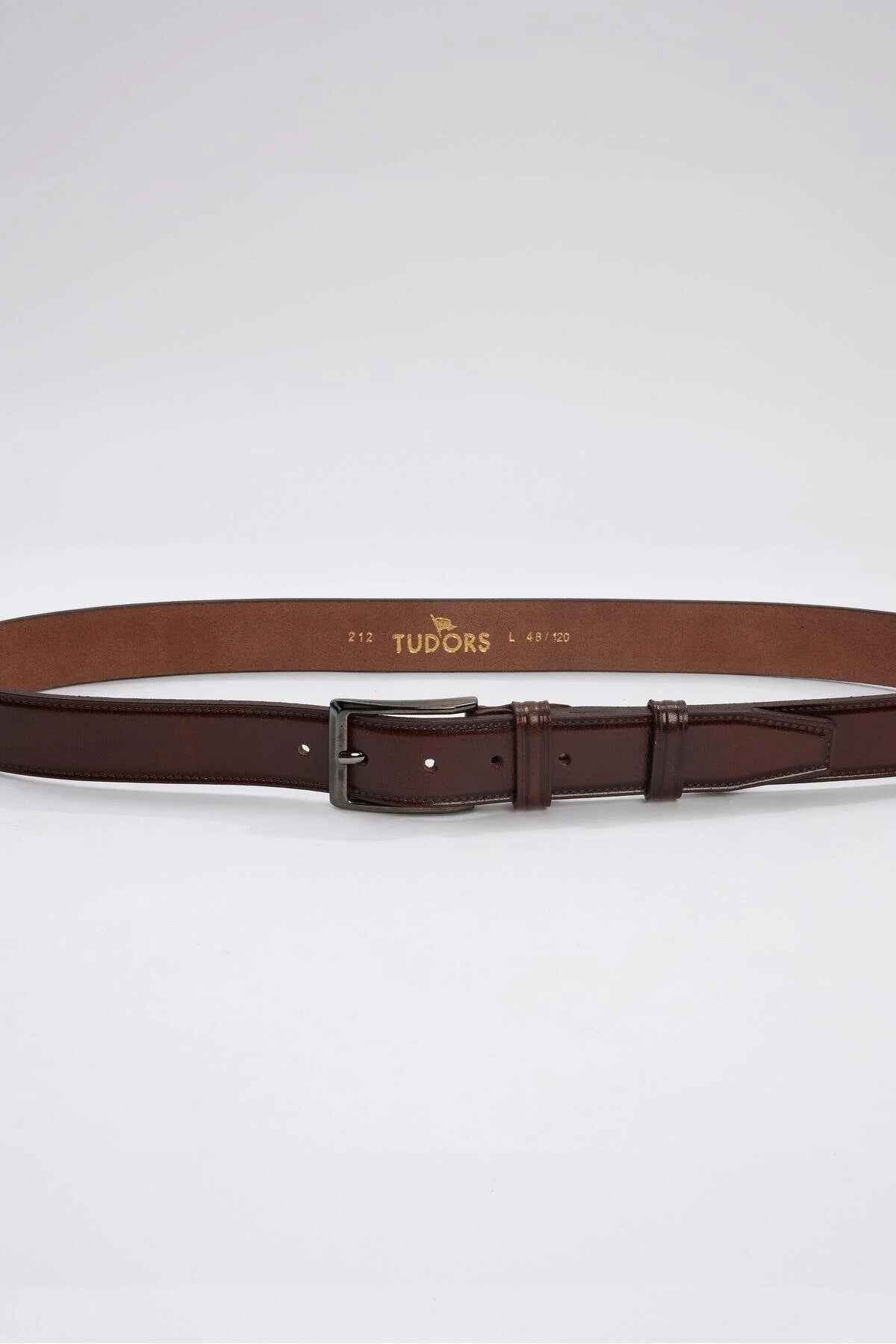 Genuine leather belt, brown with rectangular buckle and keeper, KMR