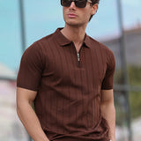 Men's brown half-zip polo shirt with ribbed collar and short sleeves, vertical stripe knit
