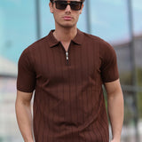 Brown half-zip polo shirt with short sleeves and vertical ribbed stripe pattern, collared