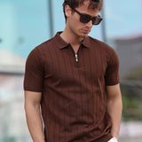Brown short-sleeve half-zip polo shirt with stand collar and vertical knit stripes