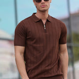 Brown half-zip polo shirt with ribbed placket, short sleeves, vertical stripe texture