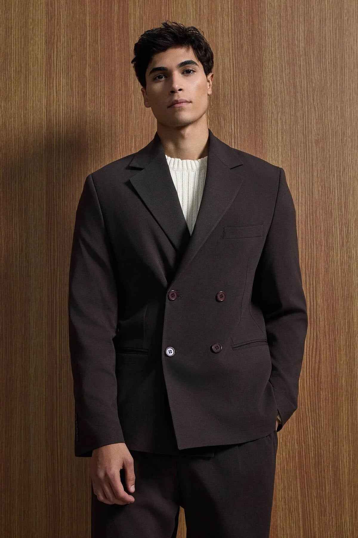 Men's dark brown oversized suit jacket with chest pocket and matching trousers