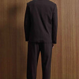 Men's dark brown suit jacket and matching trousers, back view