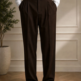 Men's brown pants with belt, pleated front and straight wide legs