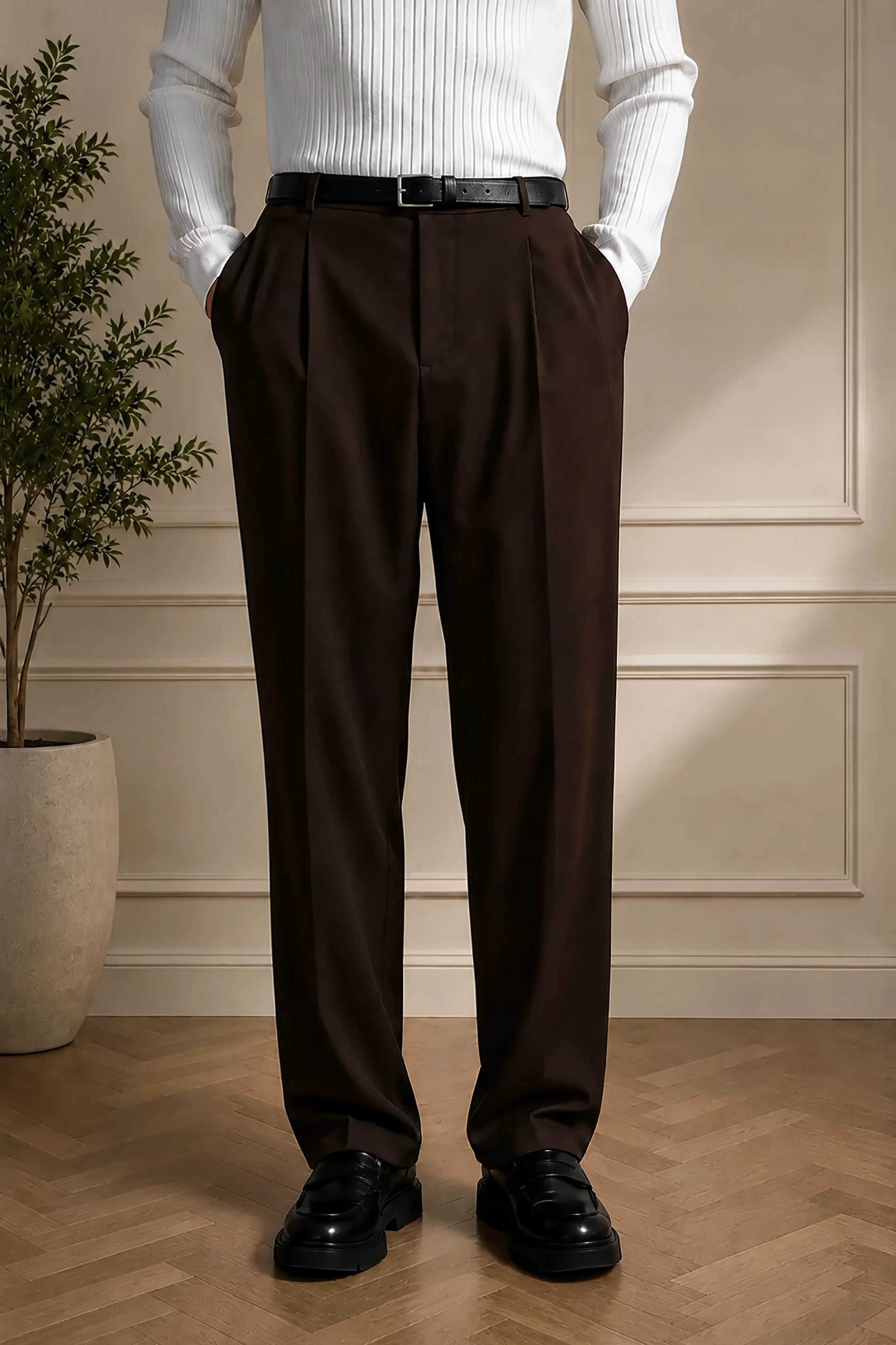 Men's brown pants with belt, pleated front and straight wide legs