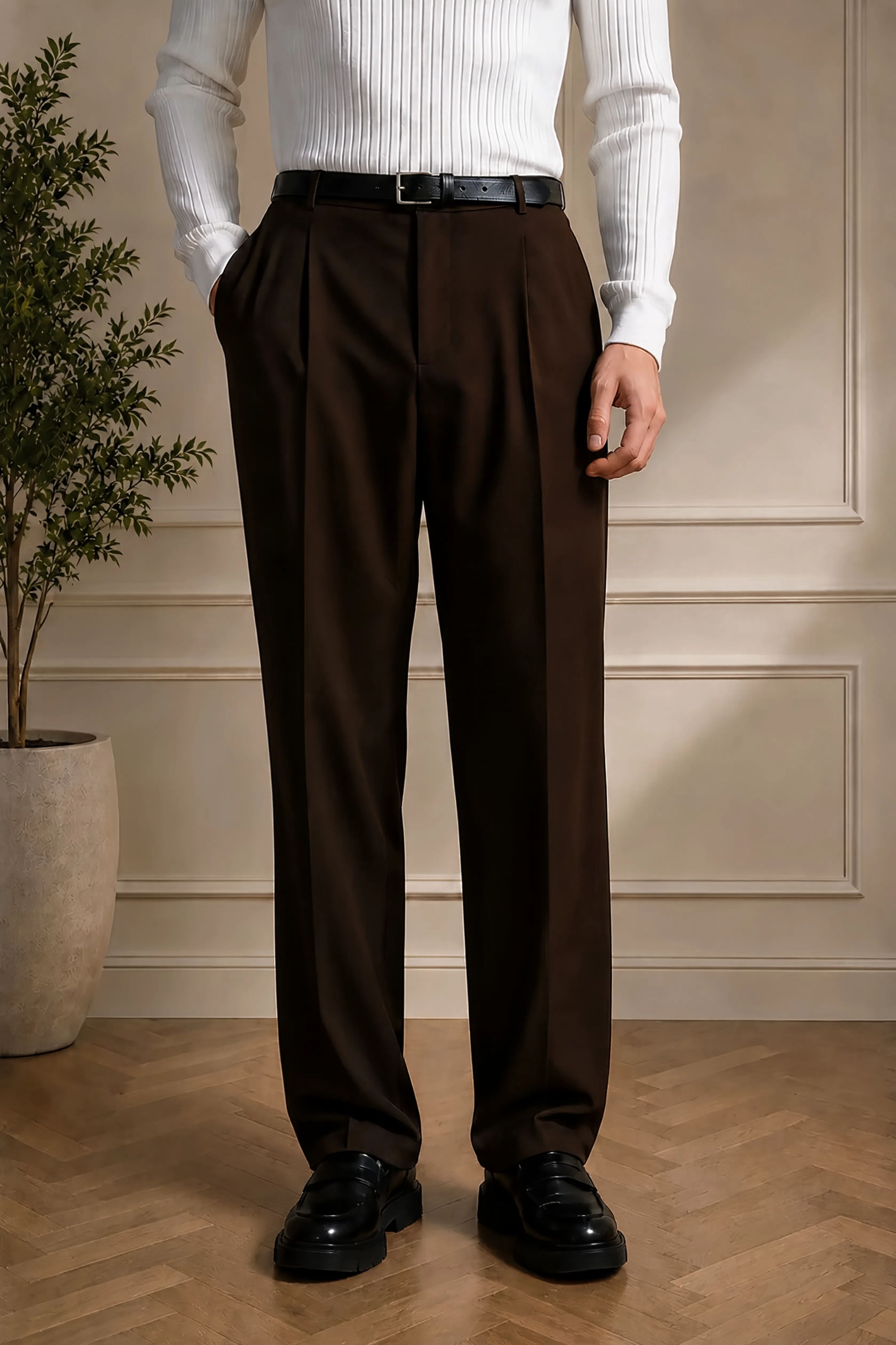 Men's brown pants with belt, front view, pleats and relaxed wide leg