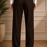 Men's brown pants with belt, back view, relaxed wide leg trousers