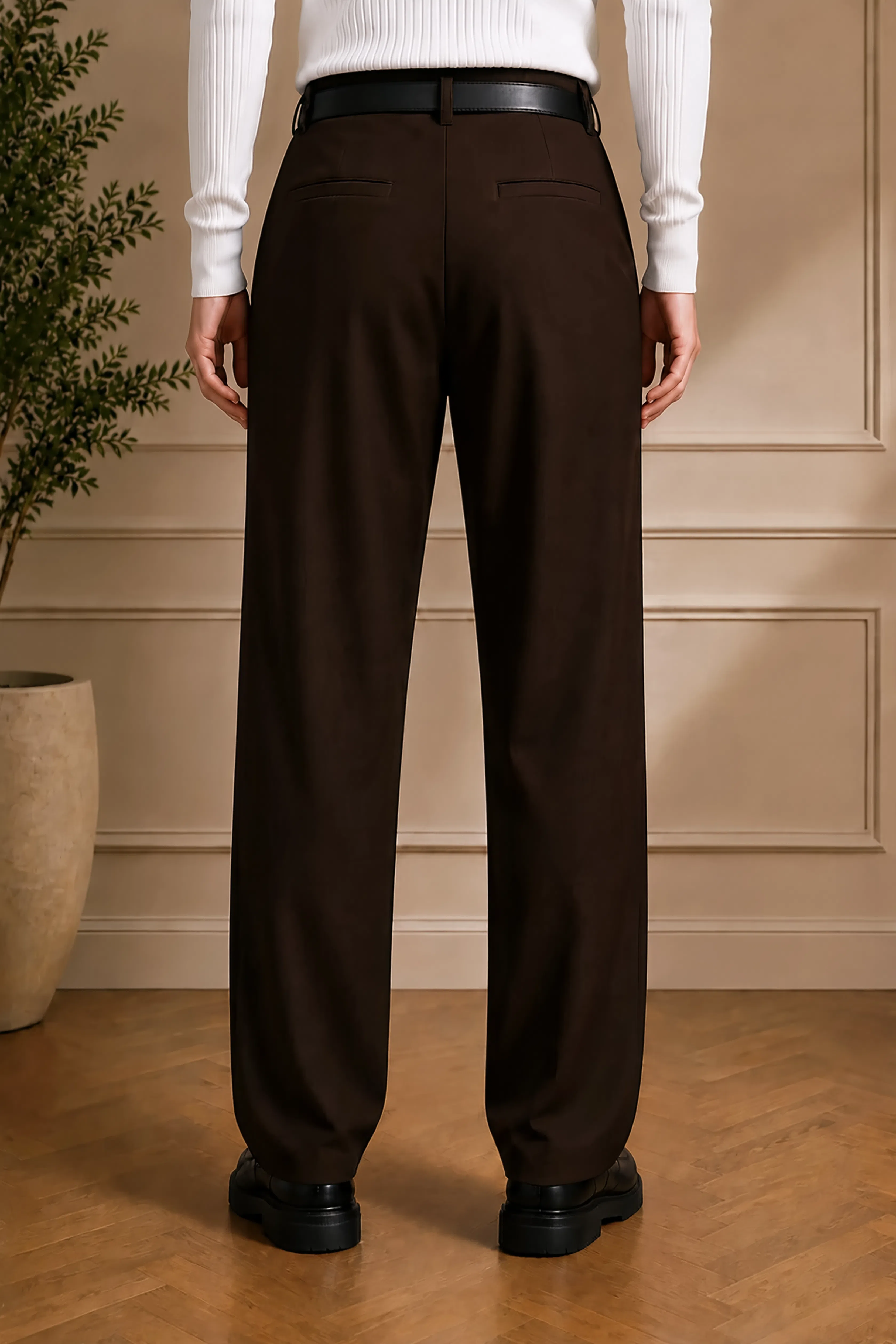 Men's brown pants with belt, back view, relaxed wide leg trousers
