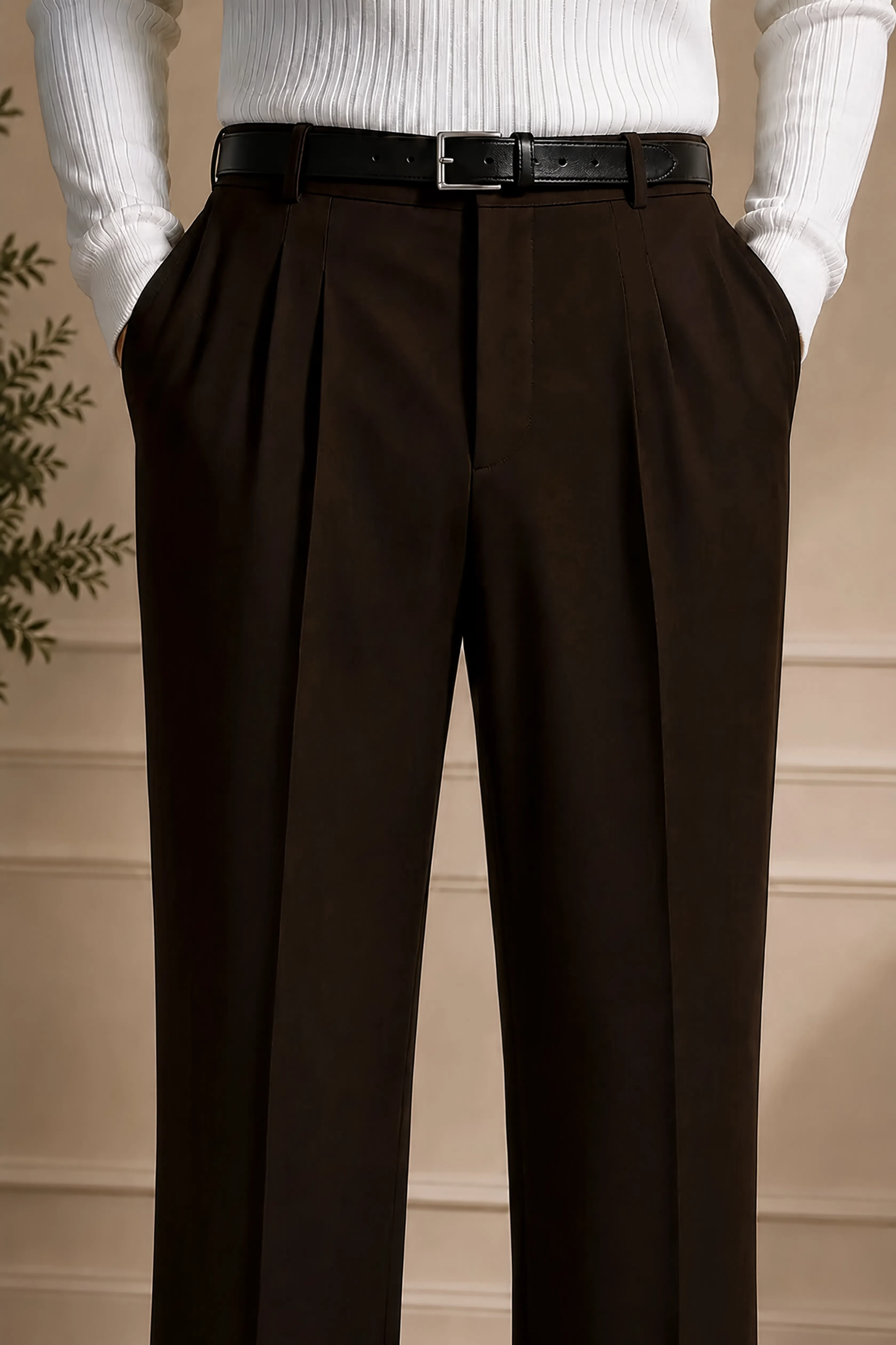 Men's brown pants with belt, pleated waistband and side pocket detail