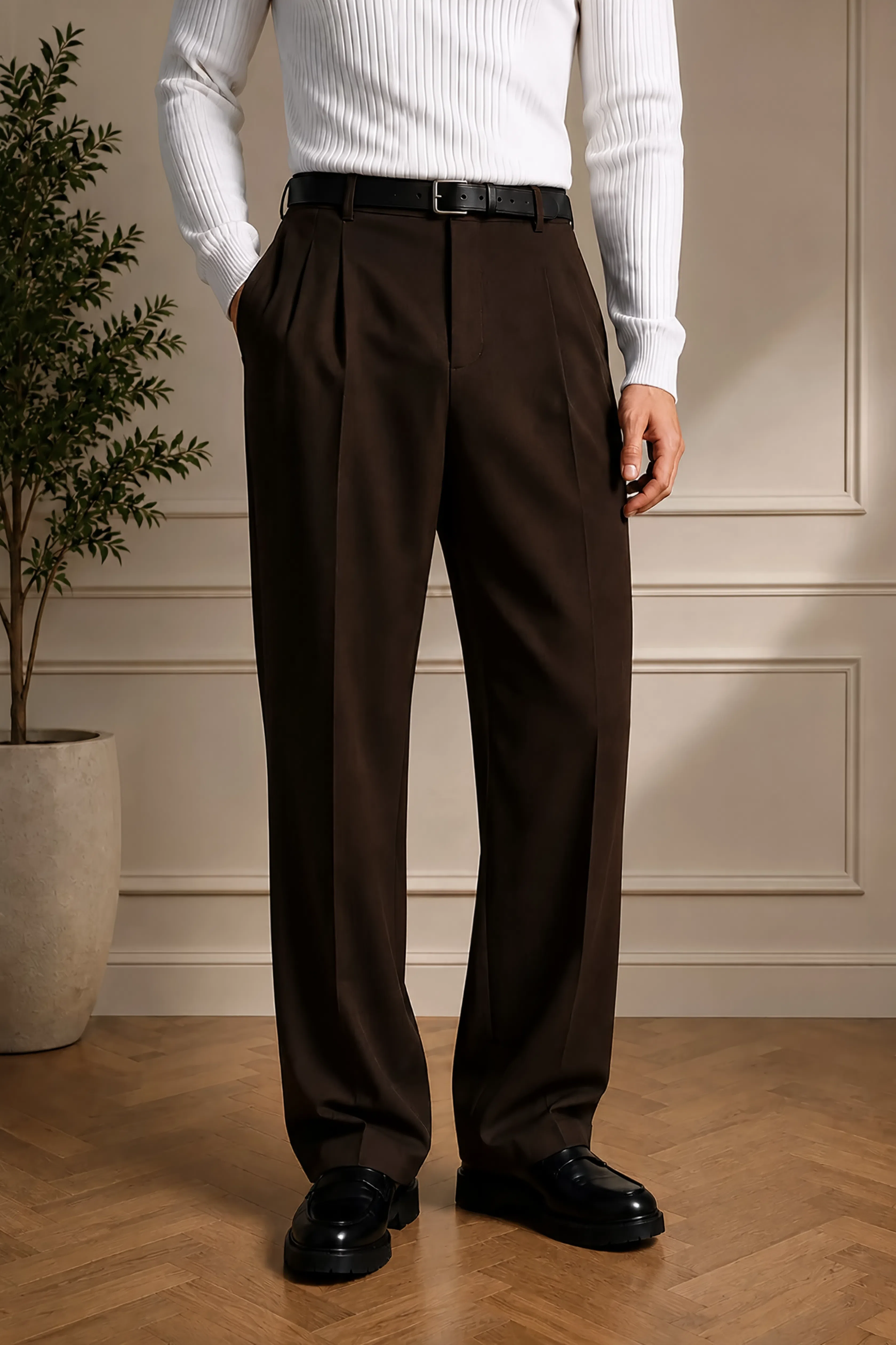 Men's brown pants with belt, side view, pleated front and wide-leg fit