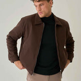 Bossago men’s brown regular-fit jacket in side profile, full zip and point collar