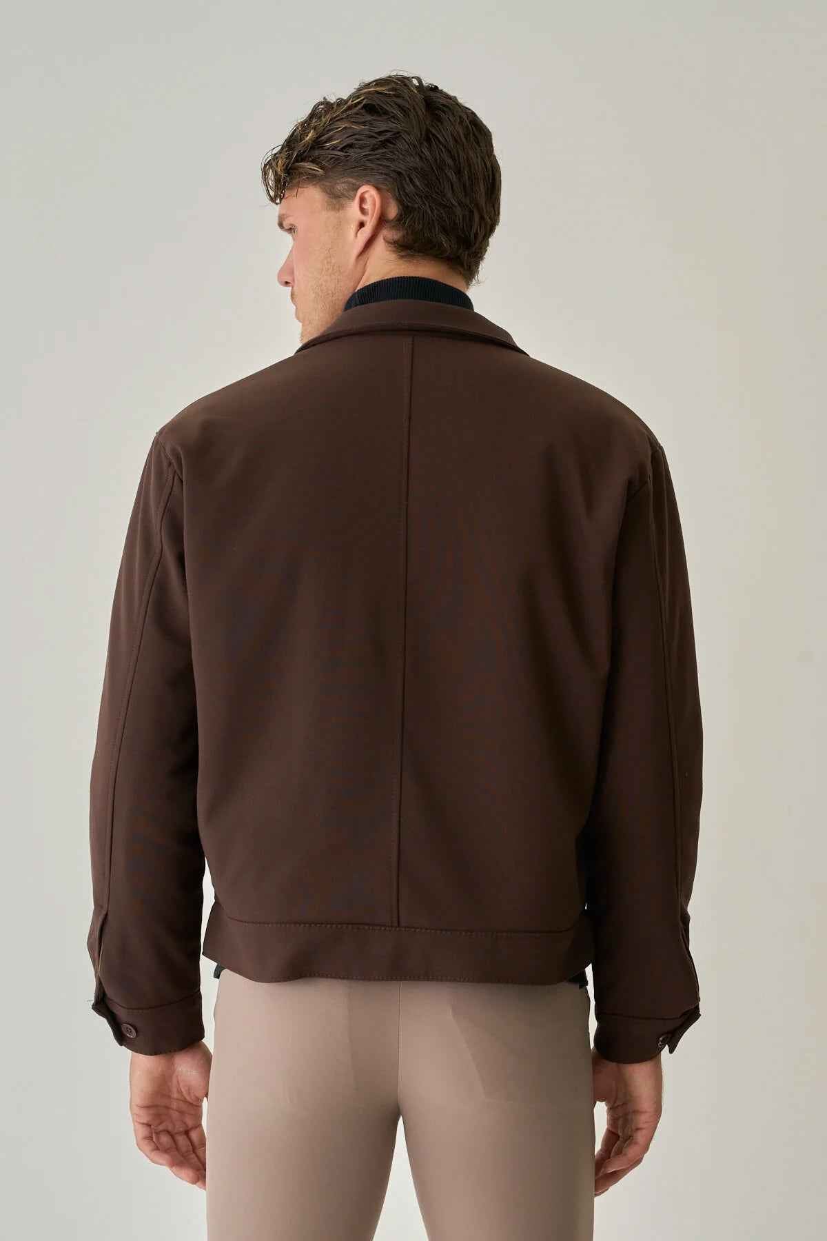 Bossago men’s brown regular-fit jacket back view with yoke seam and full-zip line