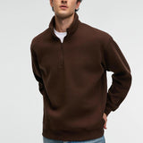Brown relaxed-fit zip stand-collar sweatshirt, front view with long sleeves