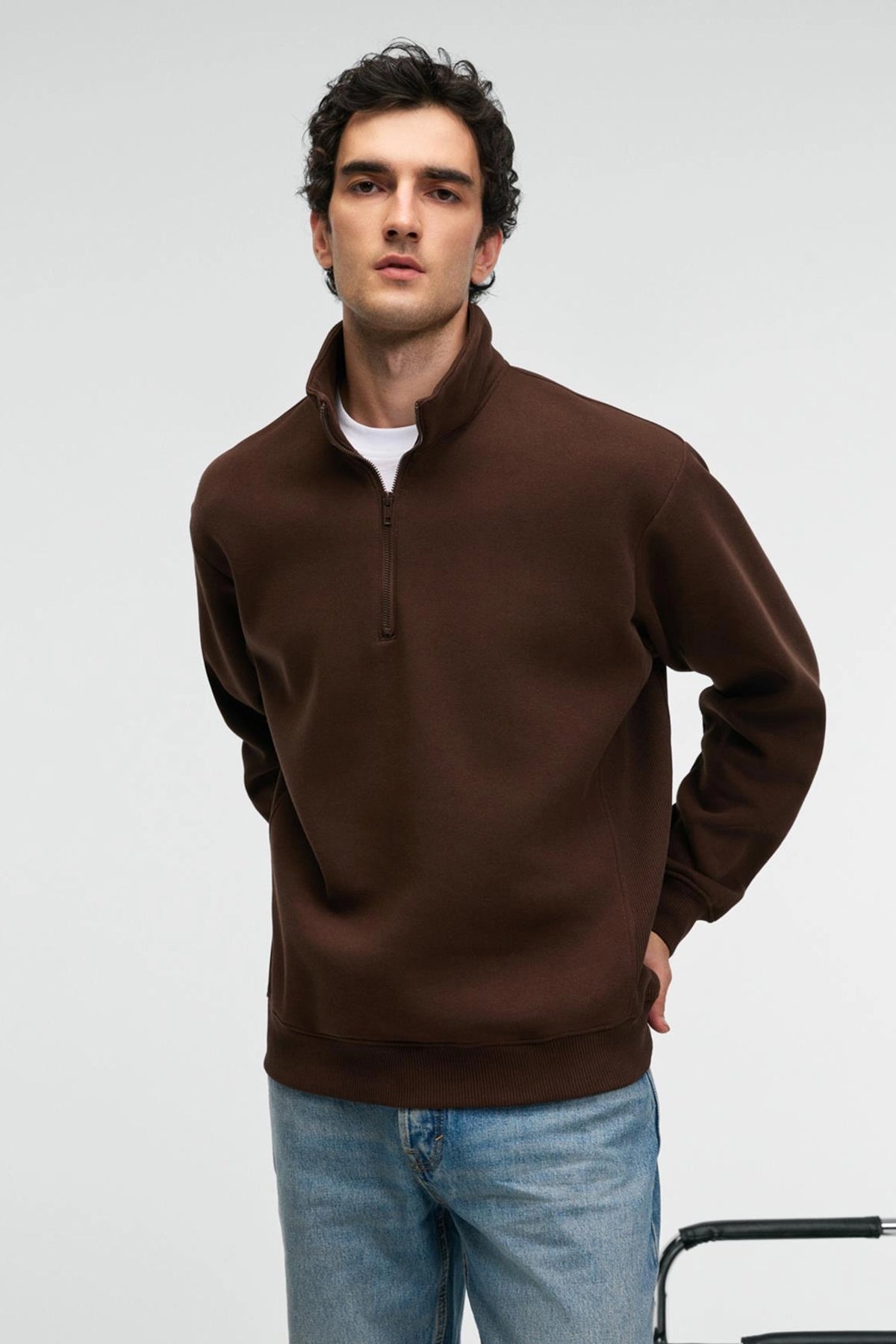 Brown relaxed-fit zip stand-collar sweatshirt, front view with long sleeves