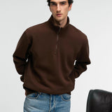 Brown relaxed-fit zip stand-collar sweatshirt, front half with zip neck