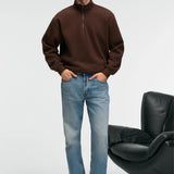 Brown relaxed-fit zip stand-collar sweatshirt, full body front view