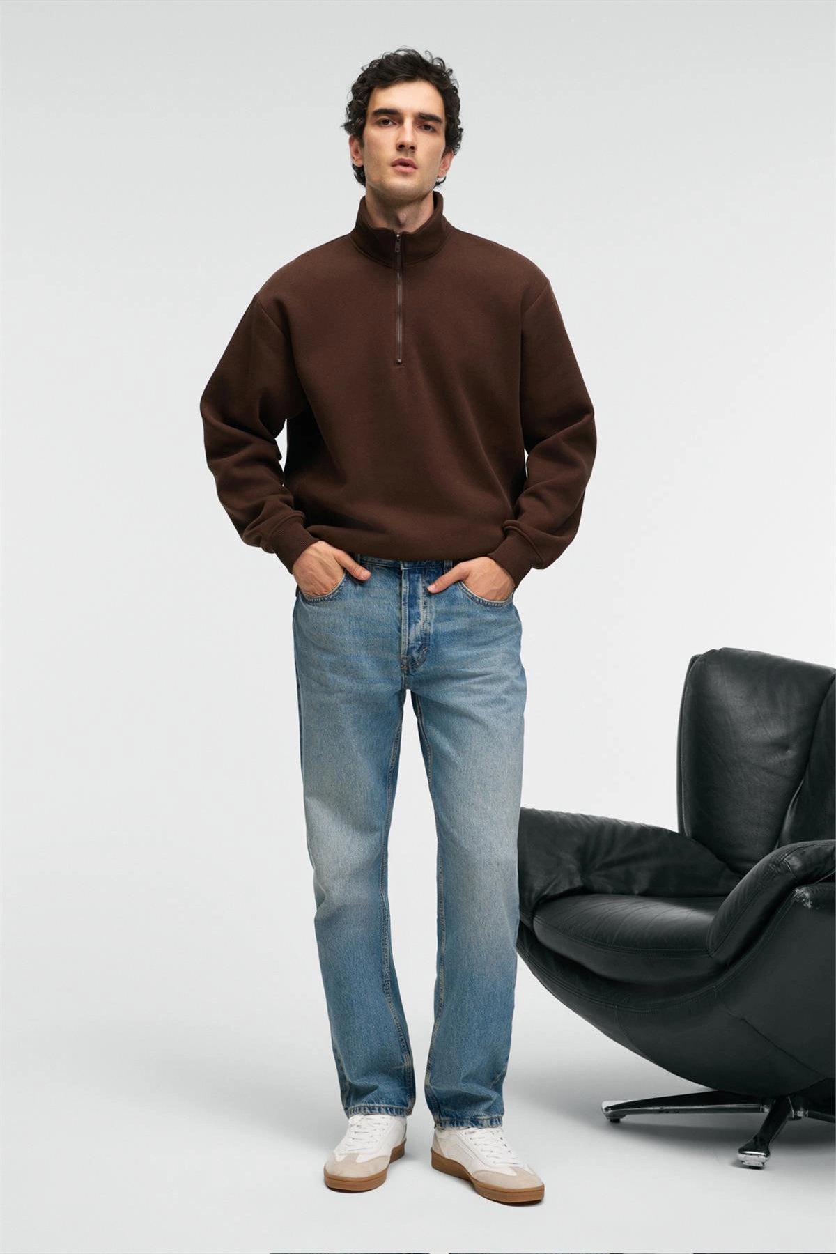 Brown relaxed-fit zip stand-collar sweatshirt, full body front view