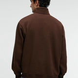 Brown relaxed-fit zip stand-collar sweatshirt, back view with stand collar