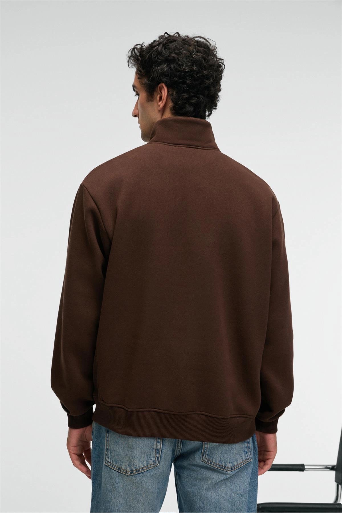 Brown relaxed-fit zip stand-collar sweatshirt, back view with stand collar