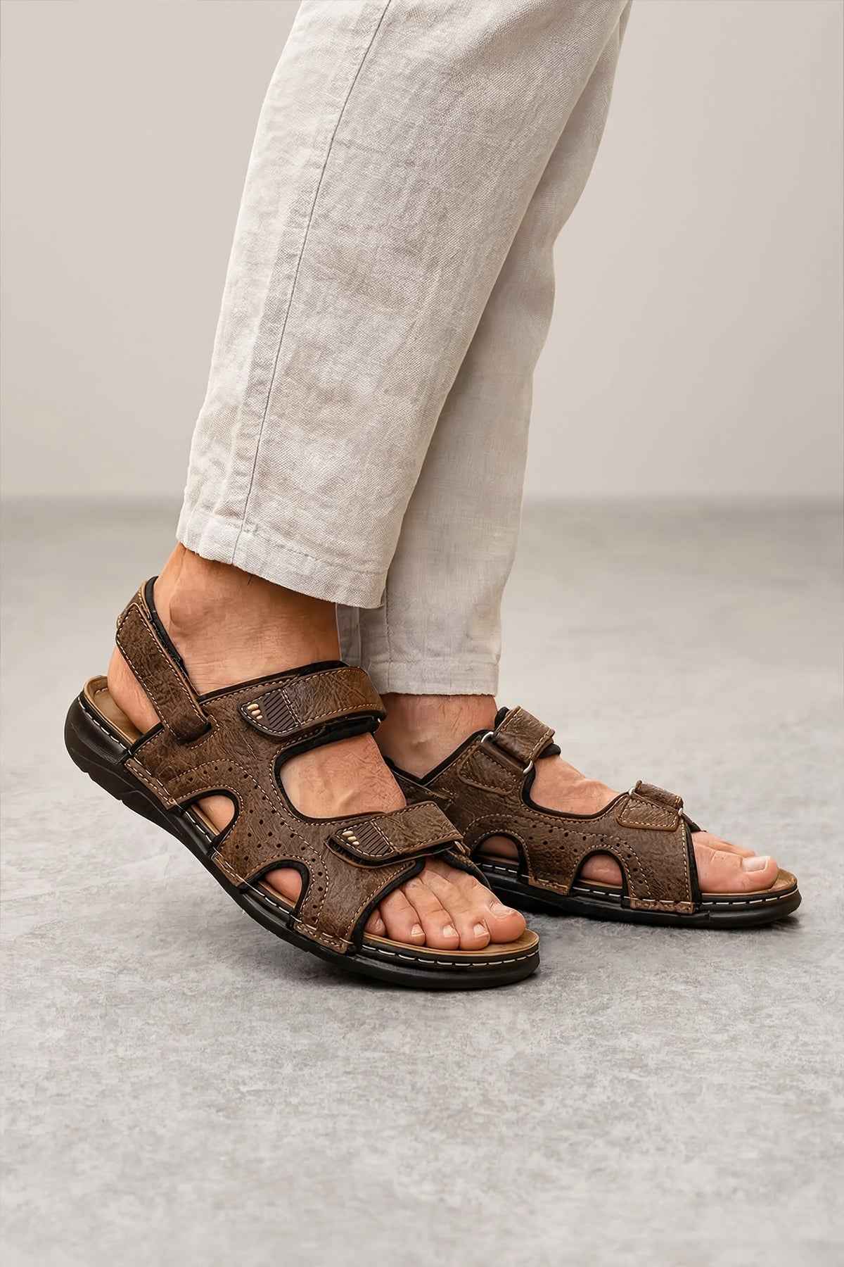 Men's brown GZR sandals with two hook-and-loop straps and open toe