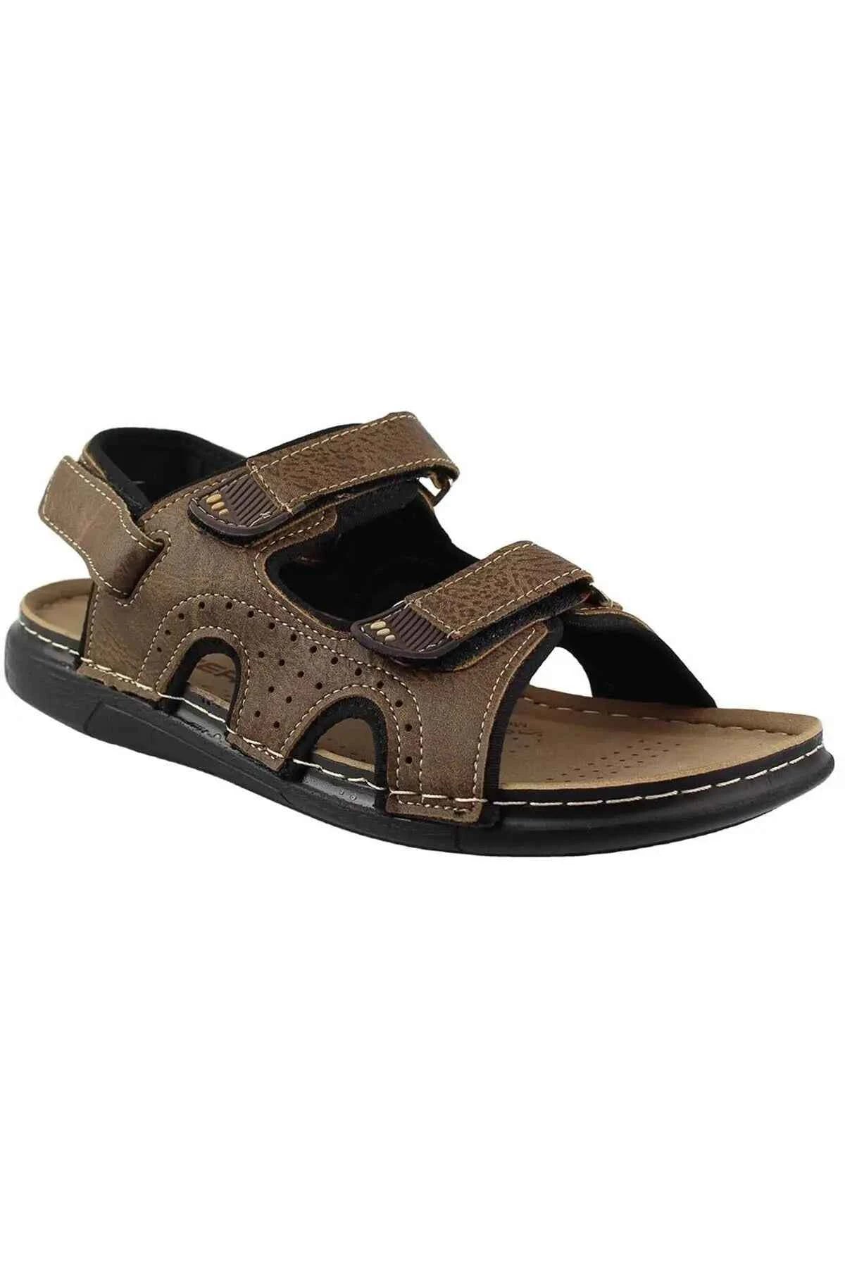 Men's brown GZR sandals front view with three adjustable straps and rubber sole