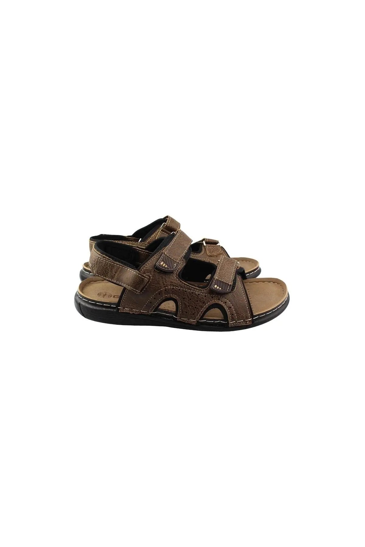 Men's brown sandals with two adjustable straps and dark textured outsole