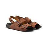 RJ men's brown sandals with adjustable straps and buckles, flat black sole