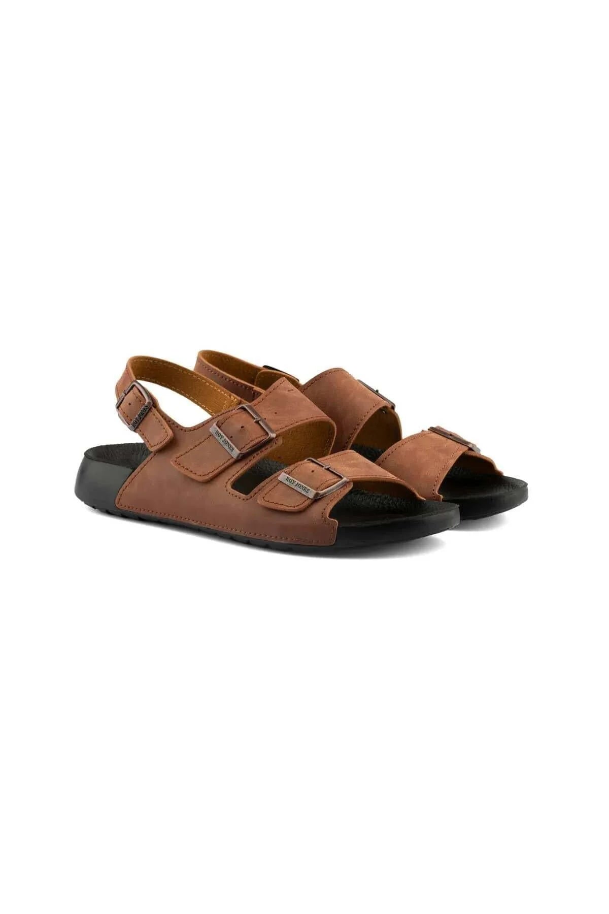 RJ men's brown sandals with adjustable straps and buckles, flat black sole