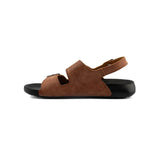 Brown men's sandal with single front strap and cutout toe, flat black sole