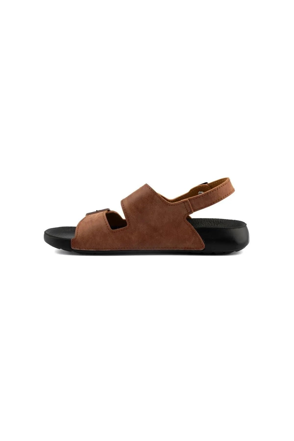 Brown men's sandal with single front strap and cutout toe, flat black sole