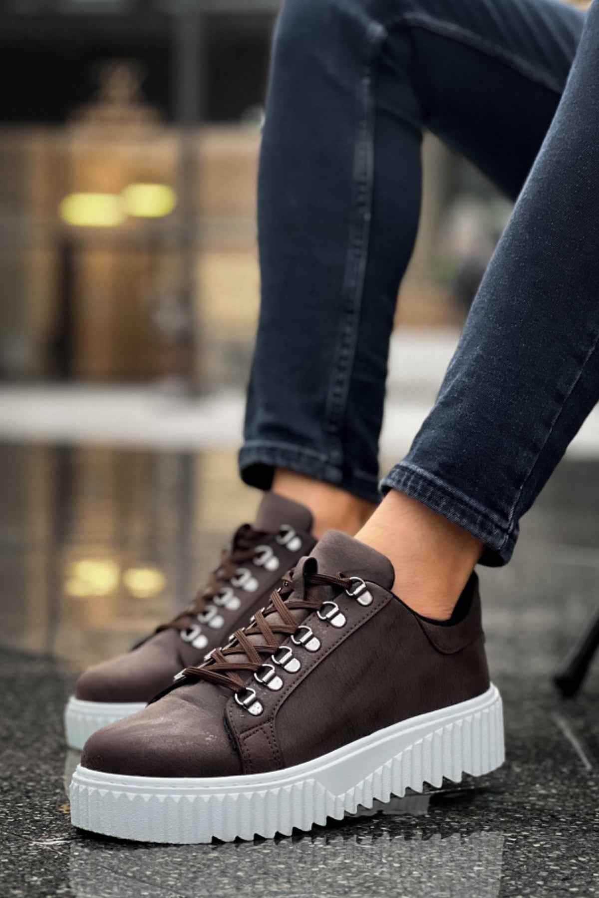 Men's brown lace-up sneakers with white platform sole and dark laces
