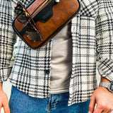 Men's tablet bag with brown leather-look body, black trim, front zipper and eyeglasses