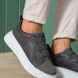 Men's dark anthracite casual sneakers with hook-and-loop straps and white sole