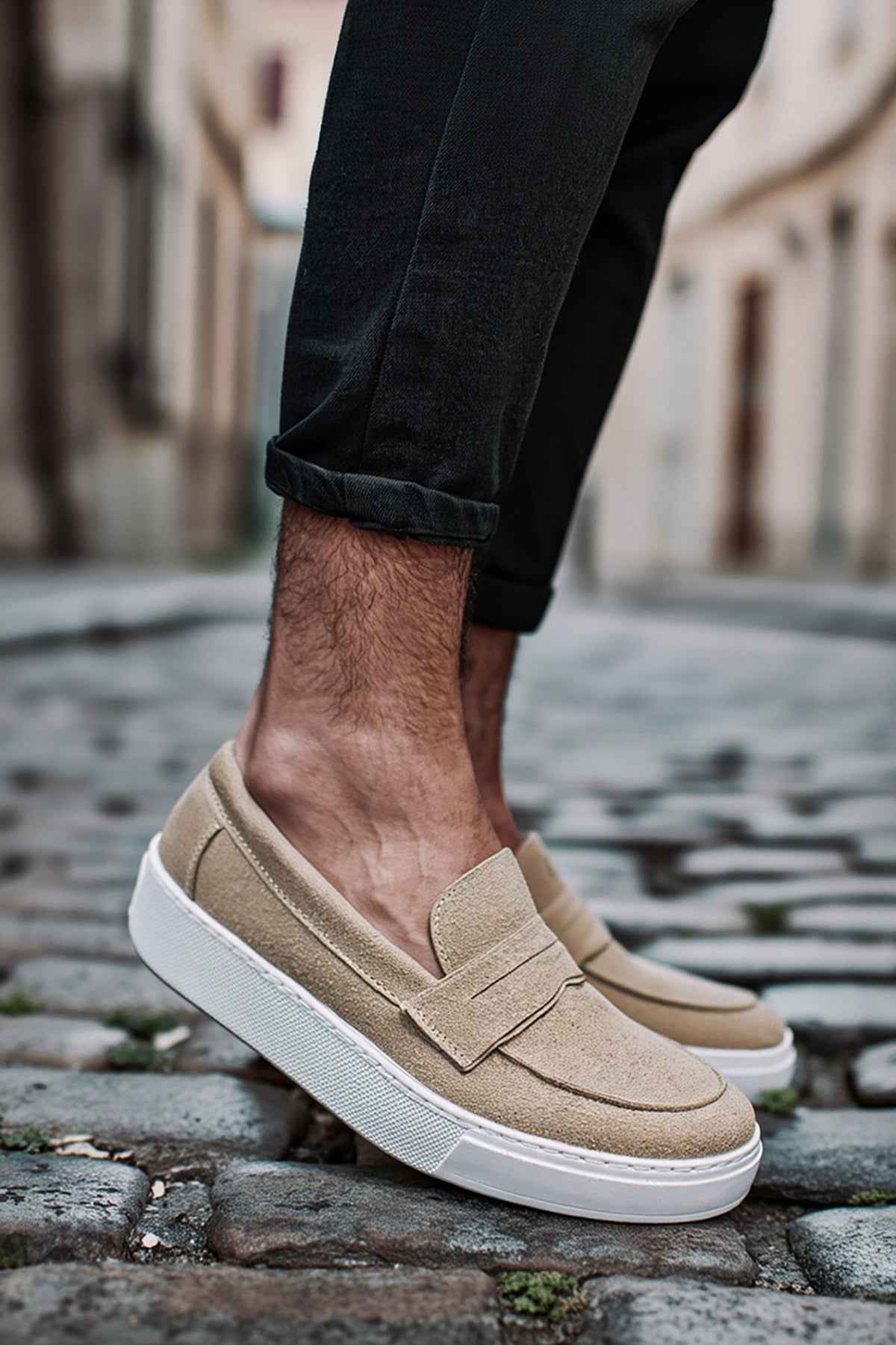 Beige suede slip-on loafers with strap detail and white textured sole.
