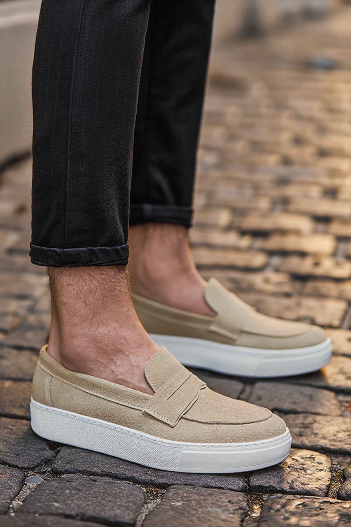 Beige suede loafers with slip-on strap, white sole, casual everyday design.