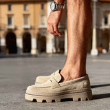 Men's beige suede loafers, slip-on design with rugged tread sole