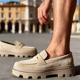 Men's beige suede loafers with strap vamp and chunky rubber tread sole